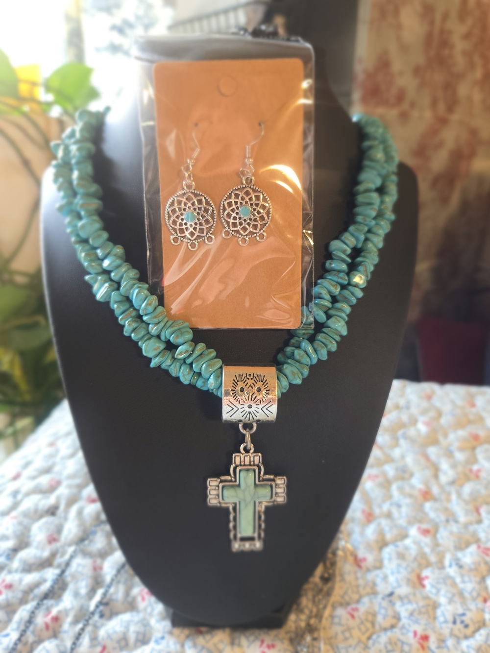 Turquoise Cross Necklace and Earrings Set - Women Jewelry